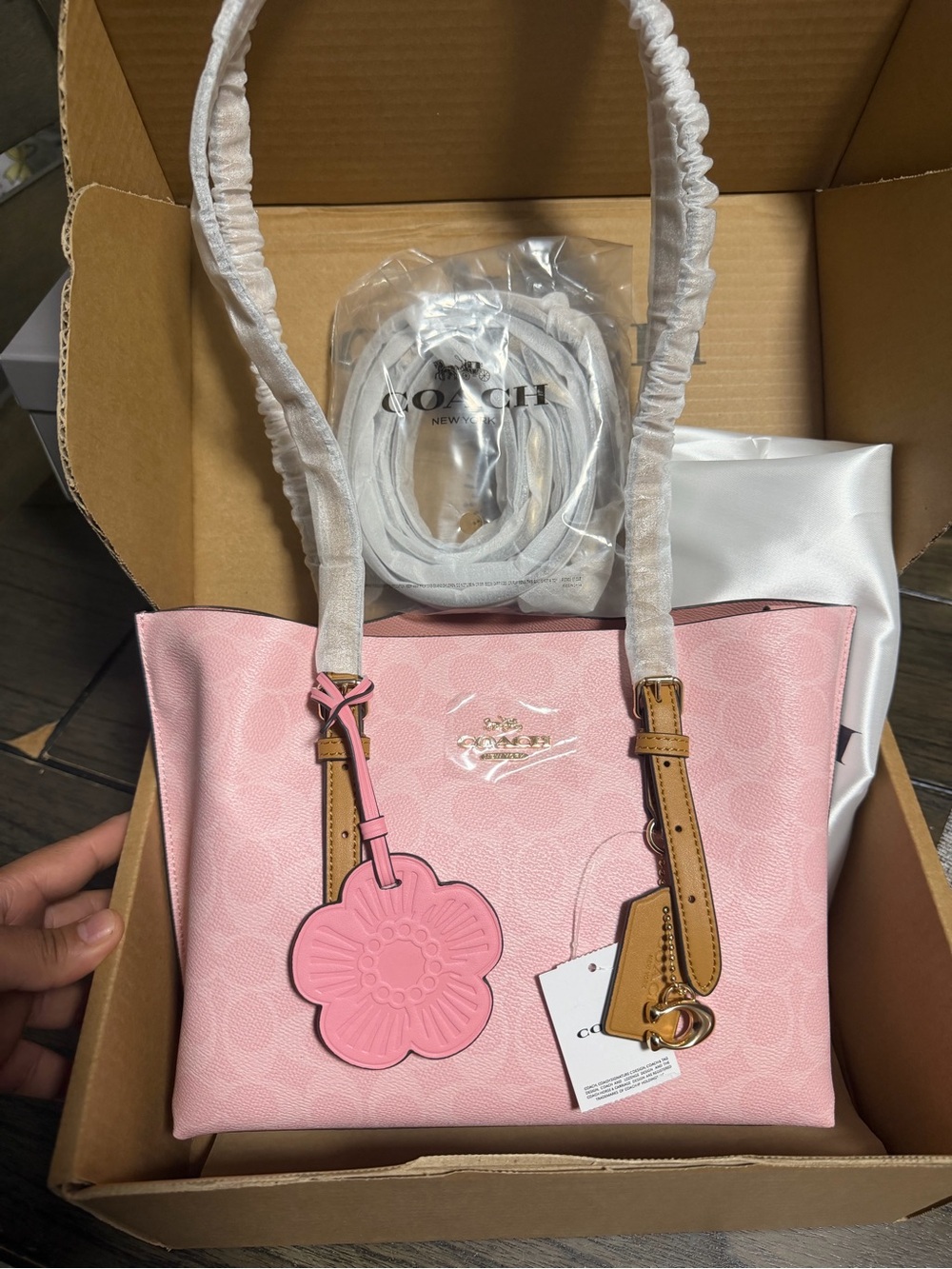 COACH Pink Tote with Tan Trim and Flower Charm